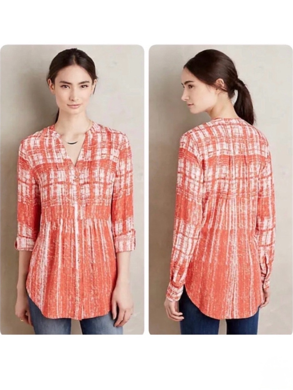 Maeve Anthropologie Calia Orange White Abstract Pintuck Peplum Roll Tab Blouse 4
